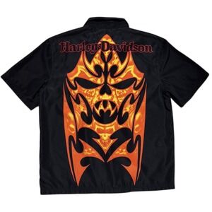 Harley Davidson Shirt Men's Large Black Flame Skull Button Front Short Sleeve